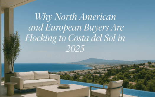 Luxurious terrace with modern furnishings and panoramic views of Costa del Sol coastline in 2025, featuring elegant typography highlighting real estate trends for North American and European buyers
